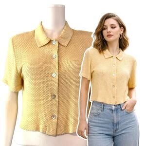 Vtg Pale Yellow Textured Boxy Crop Collared Blouse Size 14P Preppy Scandi Girl
